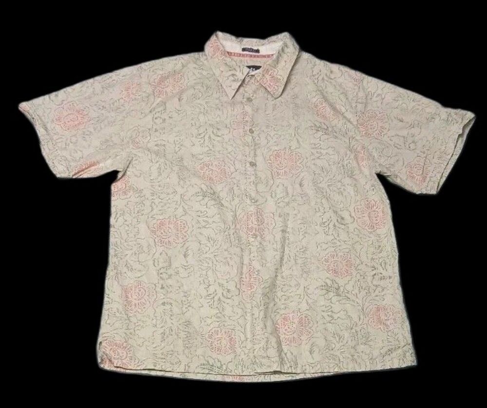 Toes On The Nose Dream Fit Short Sleeve Button Up Mens XL Light Green Botanical